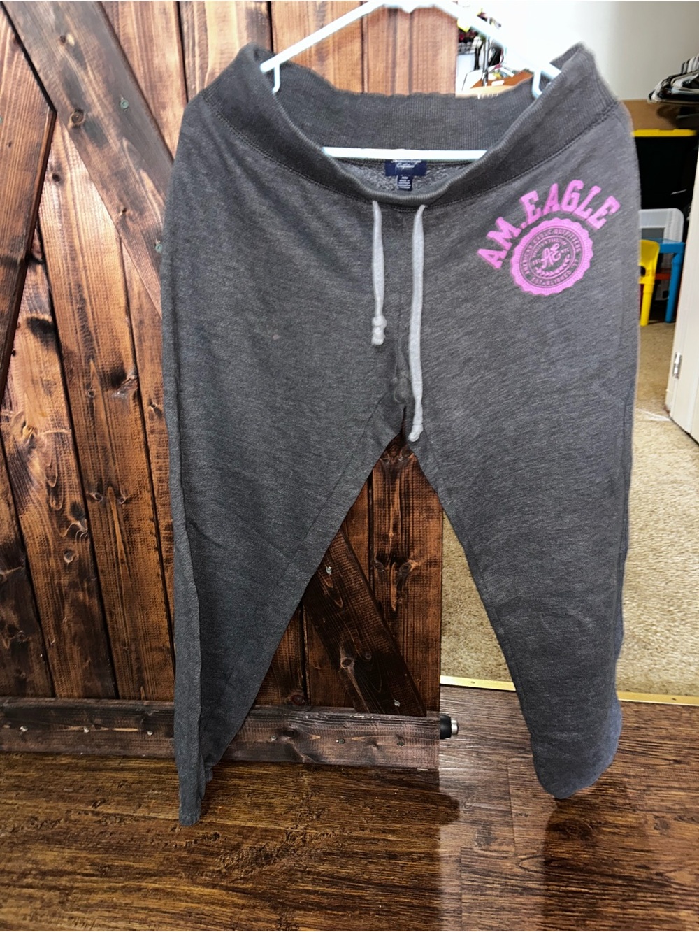 American Eagle Outfitters Charcoal Sweatpants with Pink Logo
